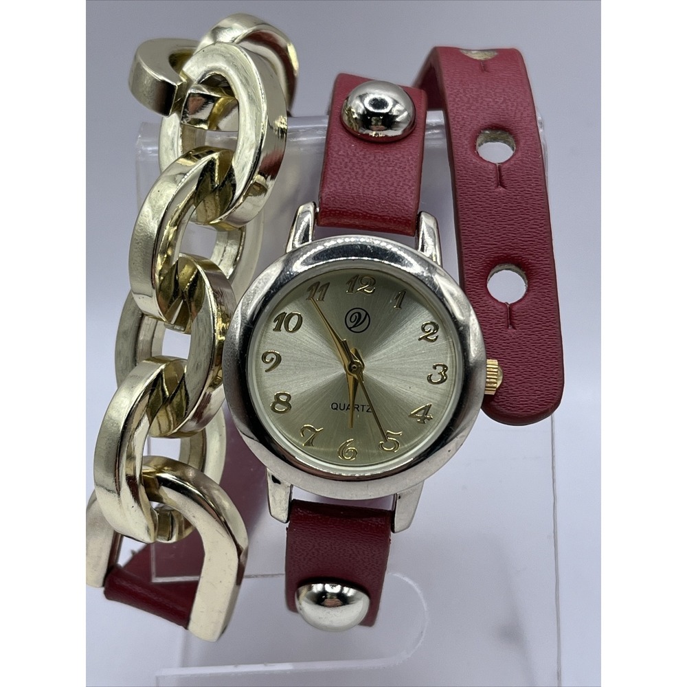Women's Wrap Quartz Watch Gold Case Red Band- New Battery